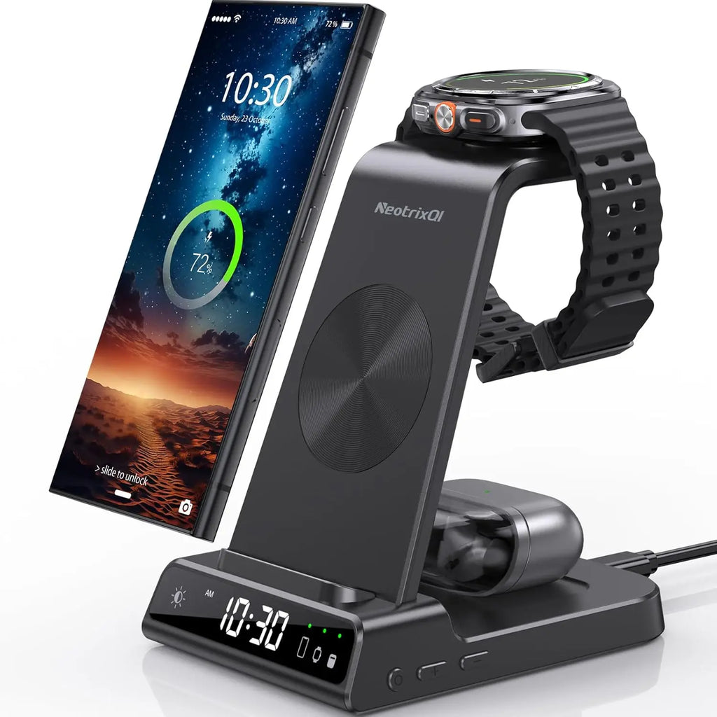 4-In-1 Wireless Charging Stand for Apple/Samsung/Google — Portable, with Dimmable Clock; Fast-Charges Phones, Smartwatches, and Earbuds. Ideal for Desks, Bedside Tables, and Travel (ELECDOV C01)#Summervibes