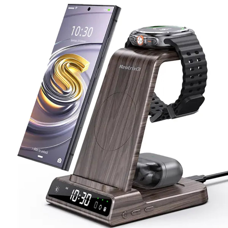 4-In-1 Wireless Charging Stand for Apple/Samsung/Google — Portable, with Dimmable Clock; Fast-Charges Phones, Smartwatches, and Earbuds. Ideal for Desks, Bedside Tables, and Travel (ELECDOV C01)#Summervibes