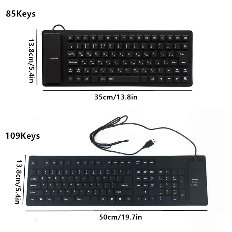 85/109Keys Foldable Silicone Keyboard USB Wired Silent Key Waterproof Dustproof Rollup Soft Touch Keyboard for Notebook Laptop