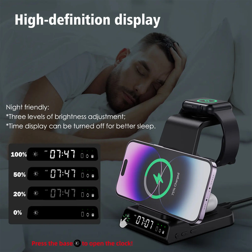 4-In-1 Wireless Charging Stand for Apple/Samsung/Google — Portable, with Dimmable Clock; Fast-Charges Phones, Smartwatches, and Earbuds. Ideal for Desks, Bedside Tables, and Travel (ELECDOV C01)#Summervibes