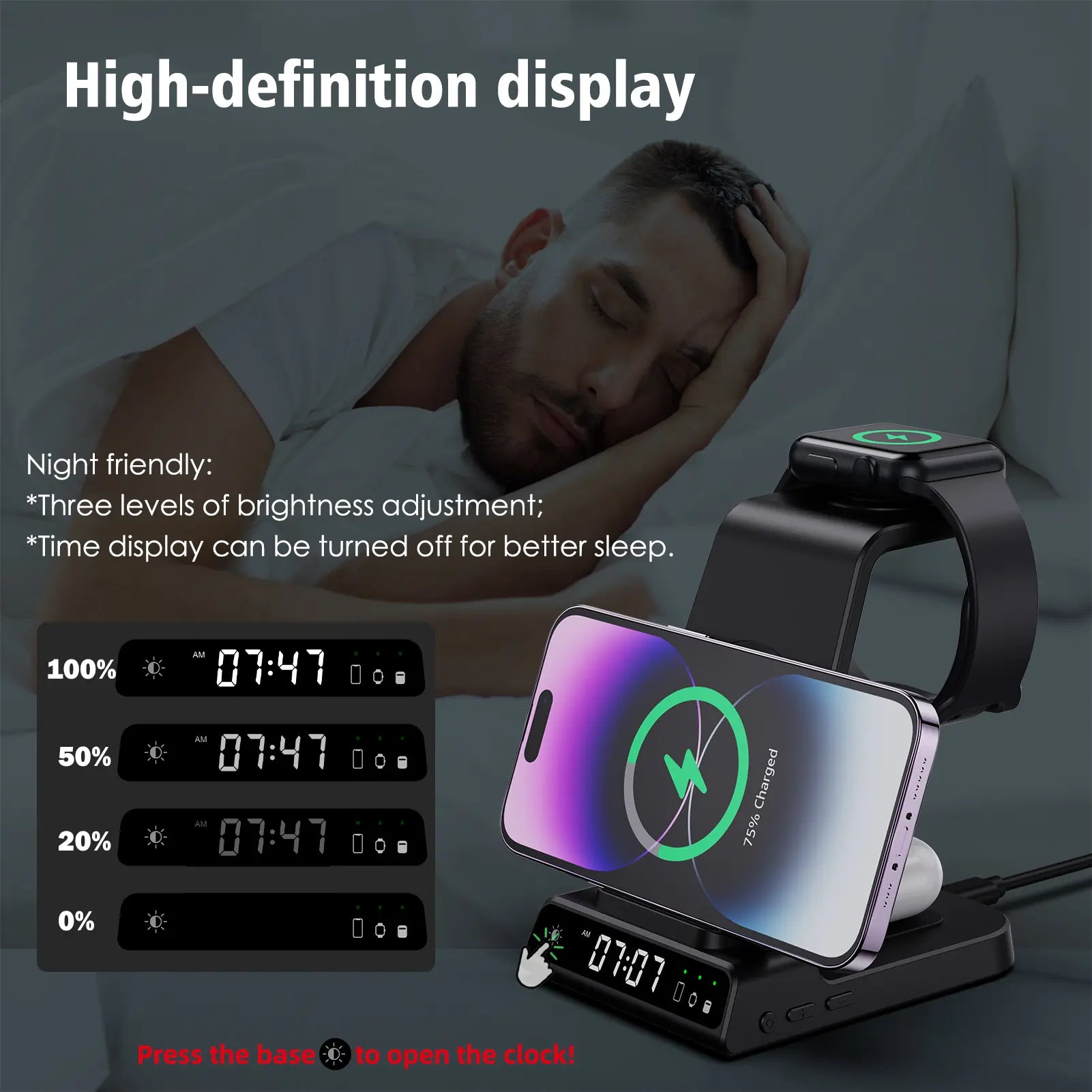 4-In-1 Wireless Charging Stand for Apple/Samsung/Google — Portable, with Dimmable Clock; Fast-Charges Phones, Smartwatches, and Earbuds. Ideal for Desks, Bedside Tables, and Travel (ELECDOV C01)#Summervibes