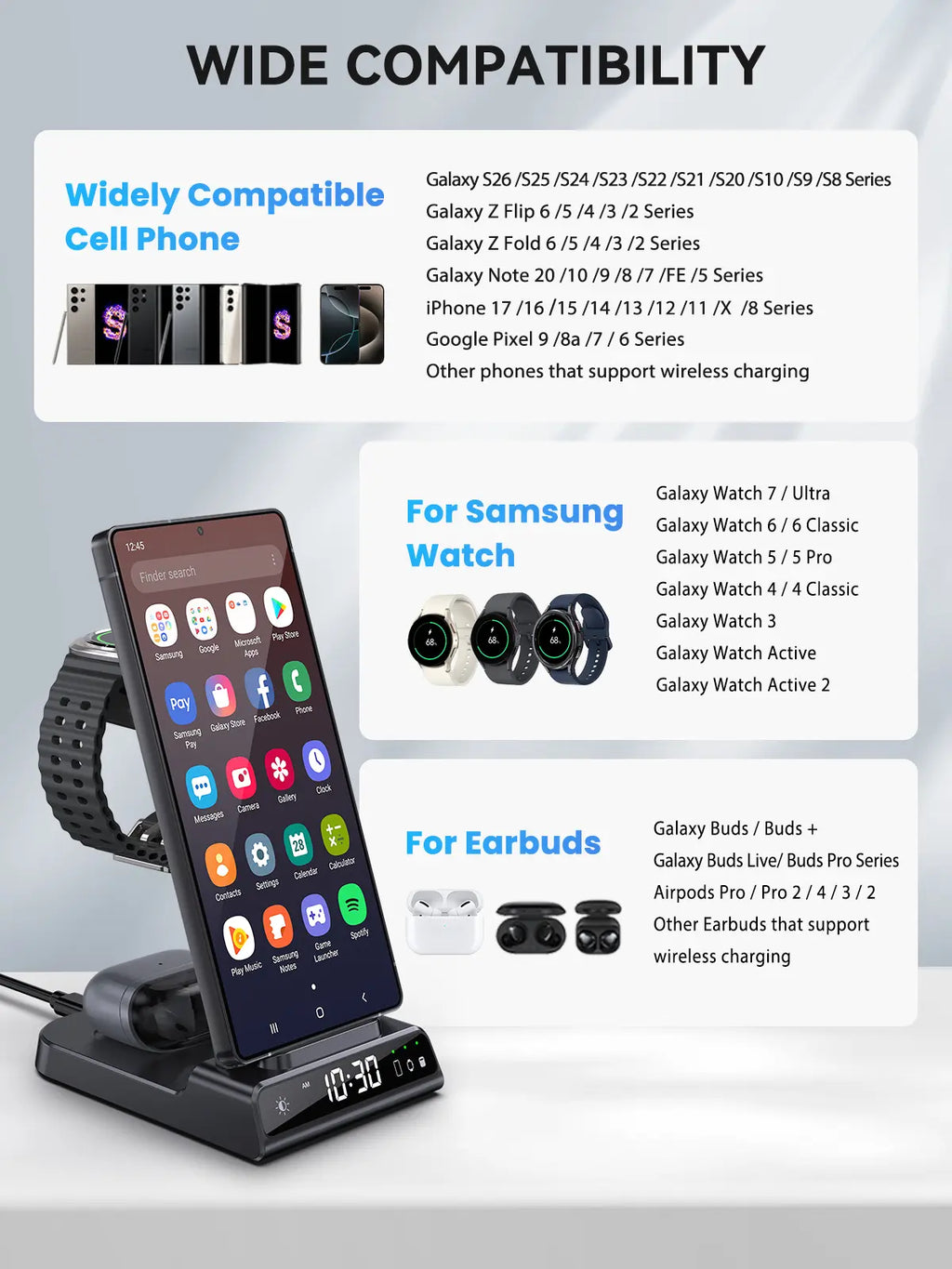4-In-1 Wireless Charging Stand for Apple/Samsung/Google — Portable, with Dimmable Clock; Fast-Charges Phones, Smartwatches, and Earbuds. Ideal for Desks, Bedside Tables, and Travel (ELECDOV C01)#Summervibes