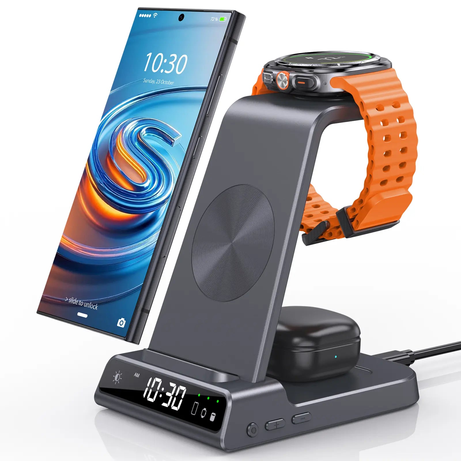 4-In-1 Wireless Charging Stand for Apple/Samsung/Google — Portable, with Dimmable Clock; Fast-Charges Phones, Smartwatches, and Earbuds. Ideal for Desks, Bedside Tables, and Travel (ELECDOV C01)#Summervibes