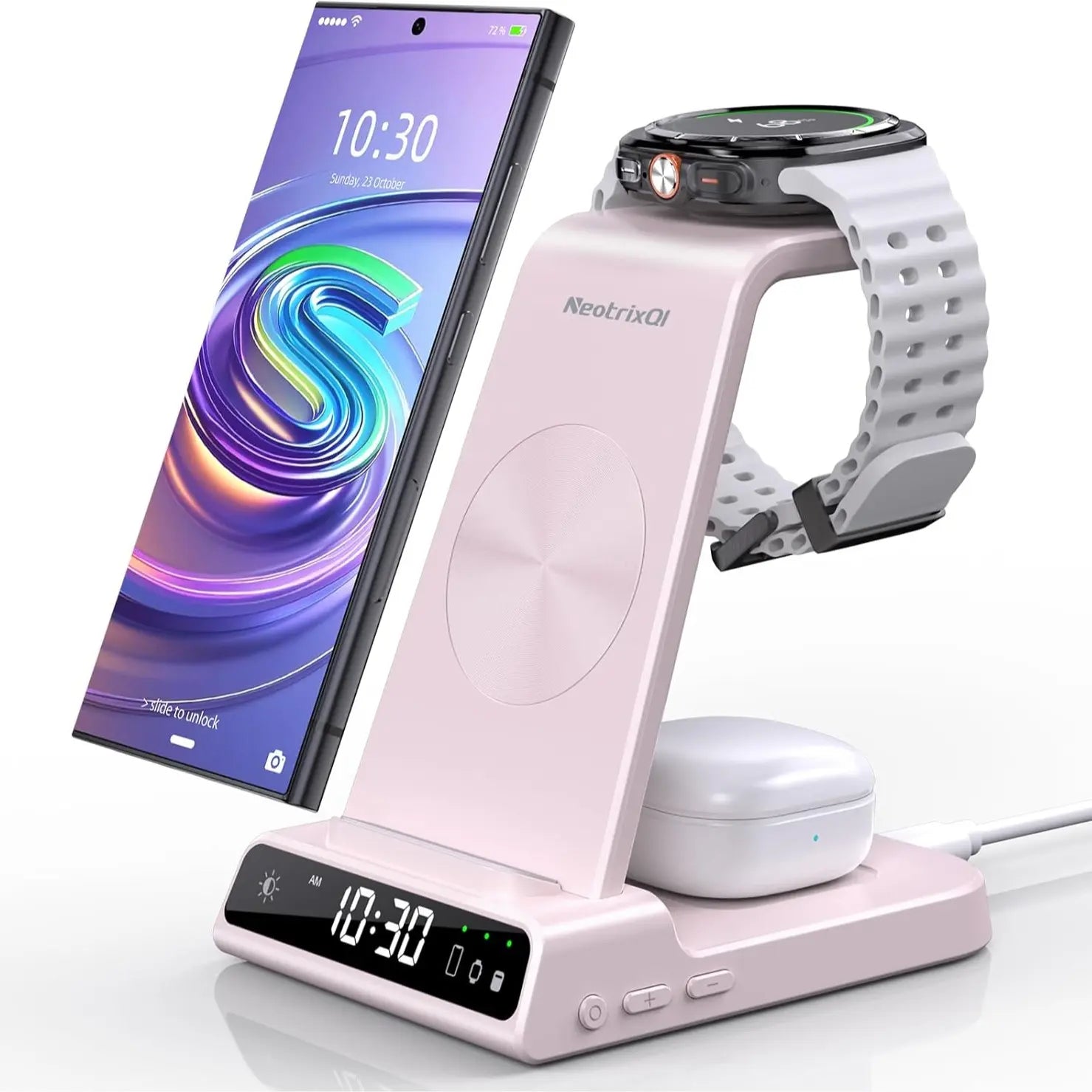 4-In-1 Wireless Charging Stand for Apple/Samsung/Google — Portable, with Dimmable Clock; Fast-Charges Phones, Smartwatches, and Earbuds. Ideal for Desks, Bedside Tables, and Travel (ELECDOV C01)#Summervibes