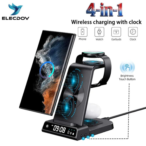 4-In-1 Wireless Charging Stand for Apple/Samsung/Google — Portable, with Dimmable Clock; Fast-Charges Phones, Smartwatches, and Earbuds. Ideal for Desks, Bedside Tables, and Travel (ELECDOV C01)#Summervibes