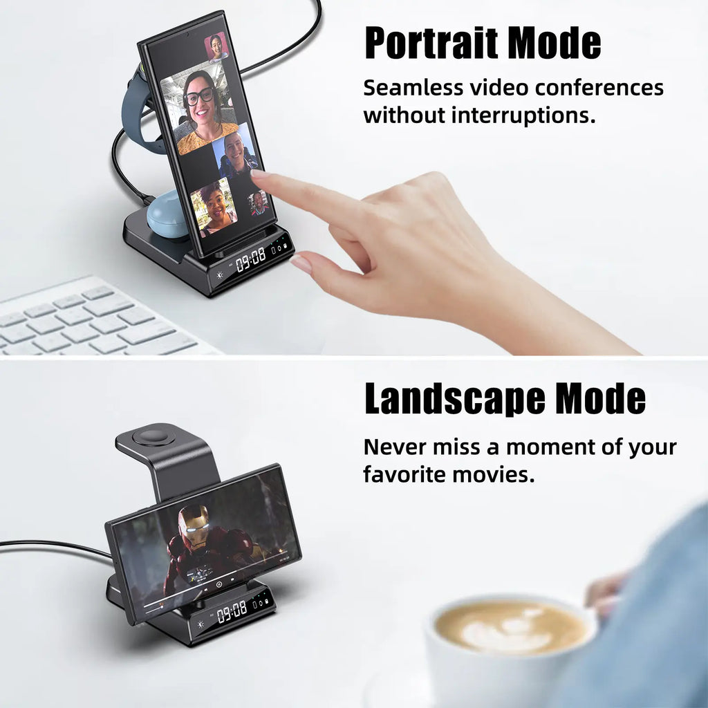 4-In-1 Wireless Charging Stand for Apple/Samsung/Google — Portable, with Dimmable Clock; Fast-Charges Phones, Smartwatches, and Earbuds. Ideal for Desks, Bedside Tables, and Travel (ELECDOV C01)#Summervibes