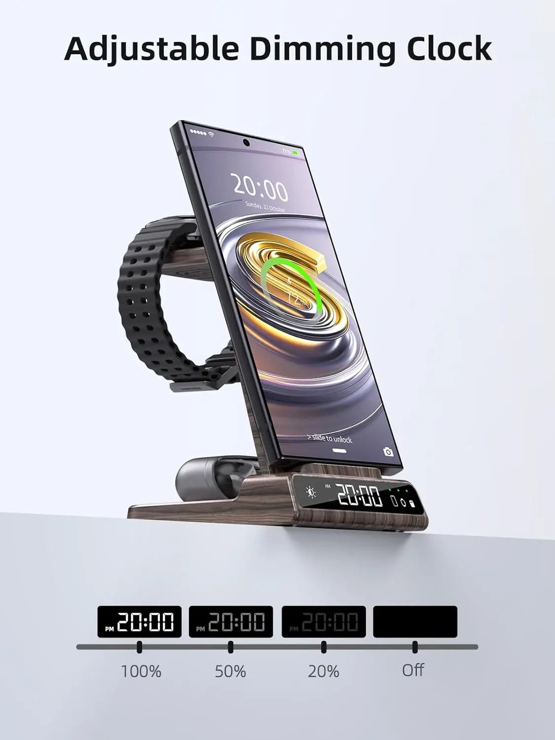 4-In-1 Wireless Charging Stand for Apple/Samsung/Google — Portable, with Dimmable Clock; Fast-Charges Phones, Smartwatches, and Earbuds. Ideal for Desks, Bedside Tables, and Travel (ELECDOV C01)#Summervibes