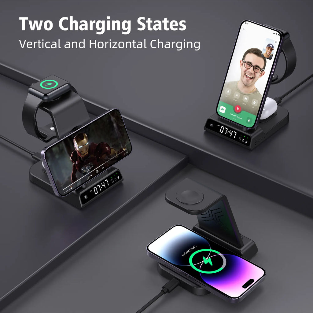 4-In-1 Wireless Charging Stand for Apple/Samsung/Google — Portable, with Dimmable Clock; Fast-Charges Phones, Smartwatches, and Earbuds. Ideal for Desks, Bedside Tables, and Travel (ELECDOV C01)#Summervibes