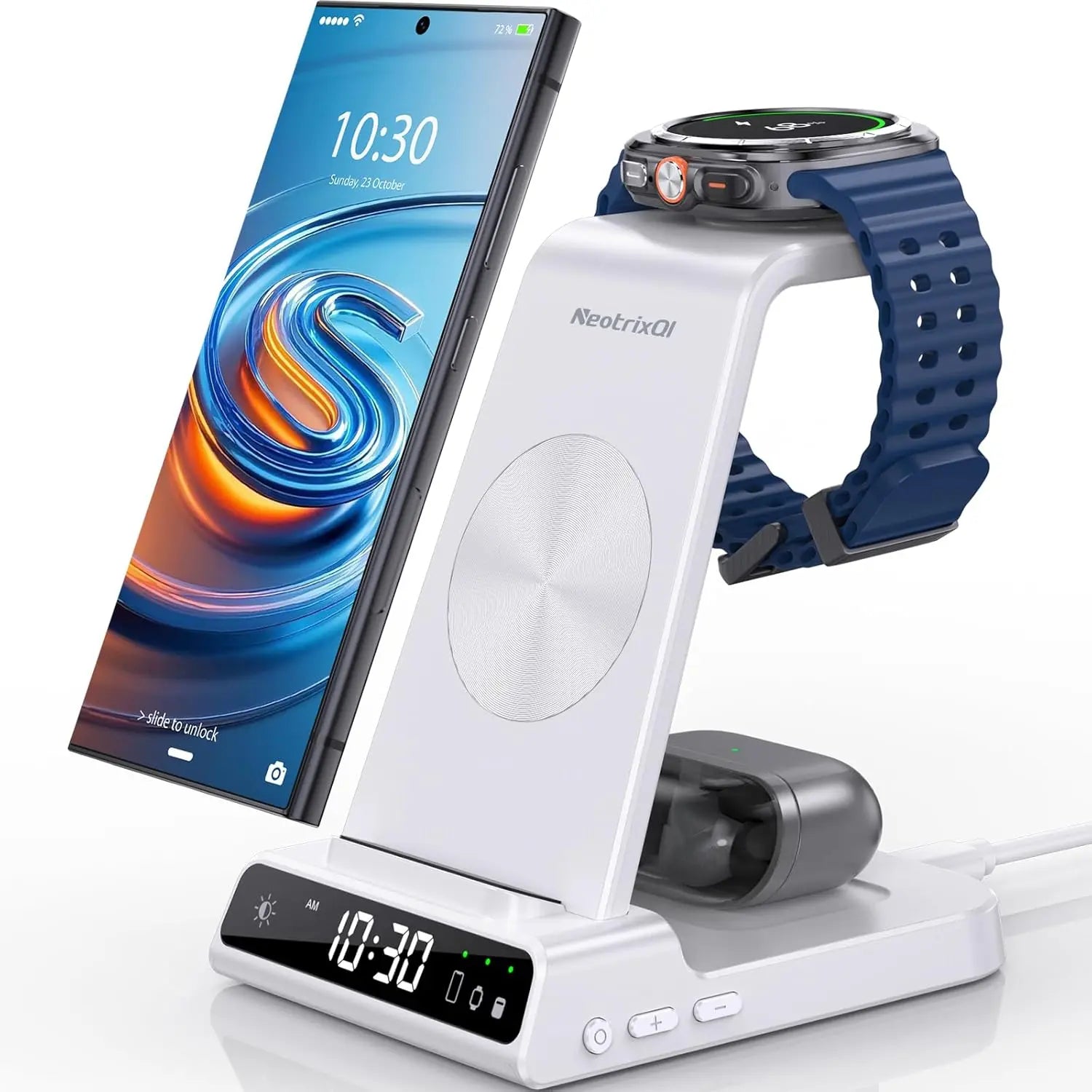 4-In-1 Wireless Charging Stand for Apple/Samsung/Google — Portable, with Dimmable Clock; Fast-Charges Phones, Smartwatches, and Earbuds. Ideal for Desks, Bedside Tables, and Travel (ELECDOV C01)#Summervibes